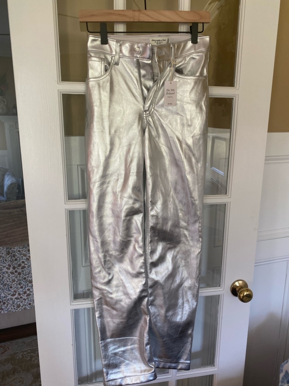 Abercrombie & Fitch Metallic Silver Straight-Leg Pants